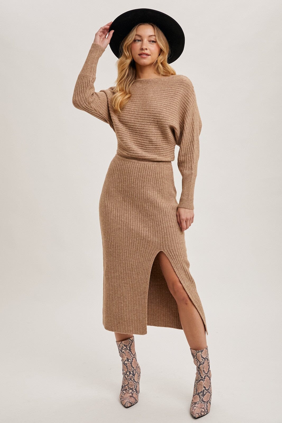 brown lace long sleeve dress ASTR the Label | Daniella Off Shoulder Sweater in Brown main image 0