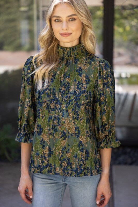 Olive Floral Smocked Mock Neck Top Voy 