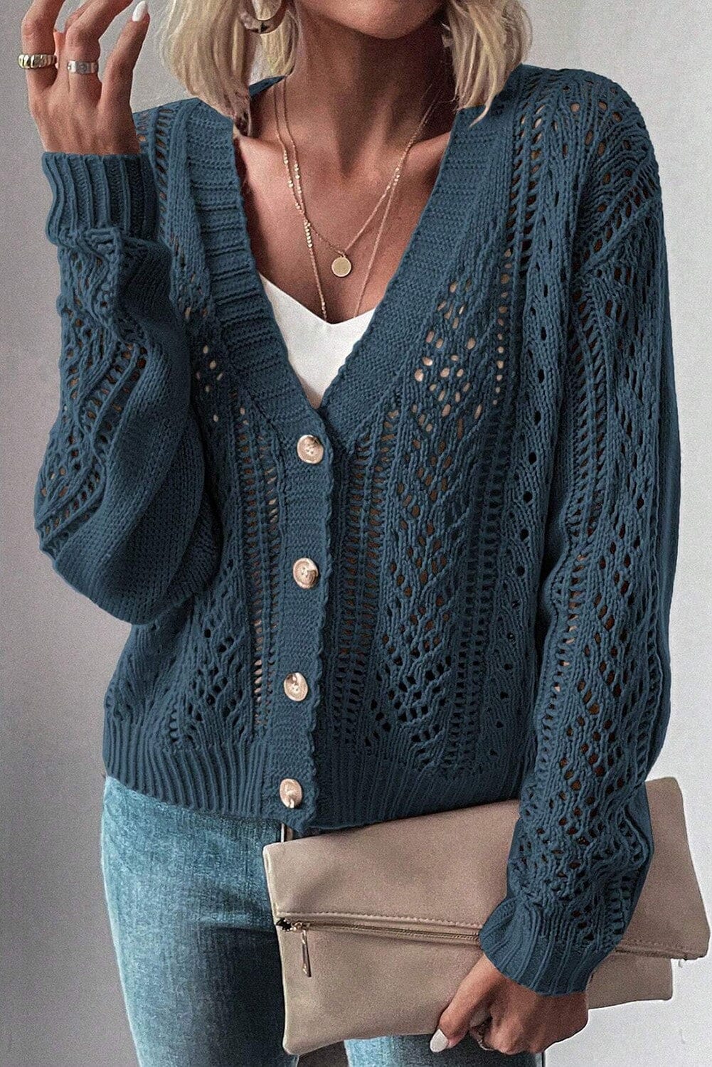 Open Knit Drop Shoulder Sweater Cardigan-2 colors kentce 