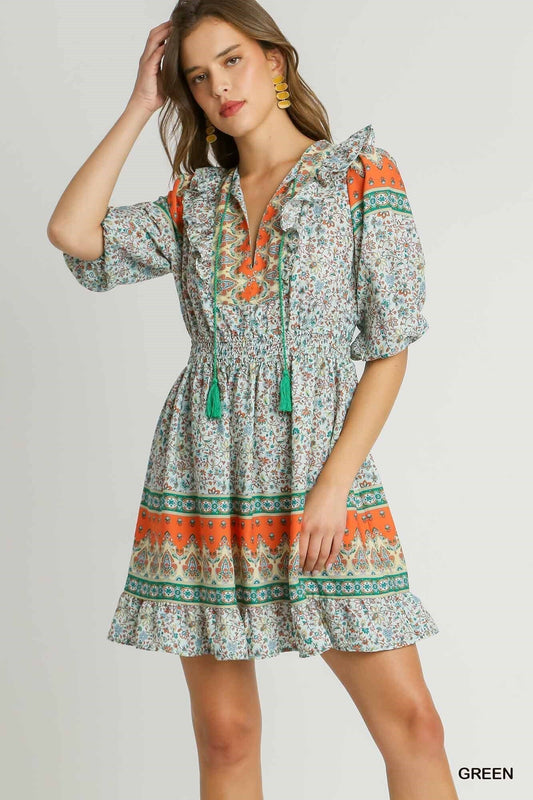 Orange Border Print Dress with Tassel Front Tie Umgee 