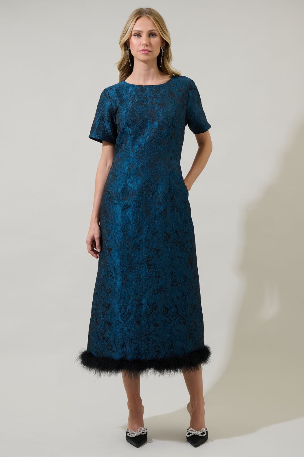 Page Floral Jacquard Midi with Feather Trim Sugarlips 