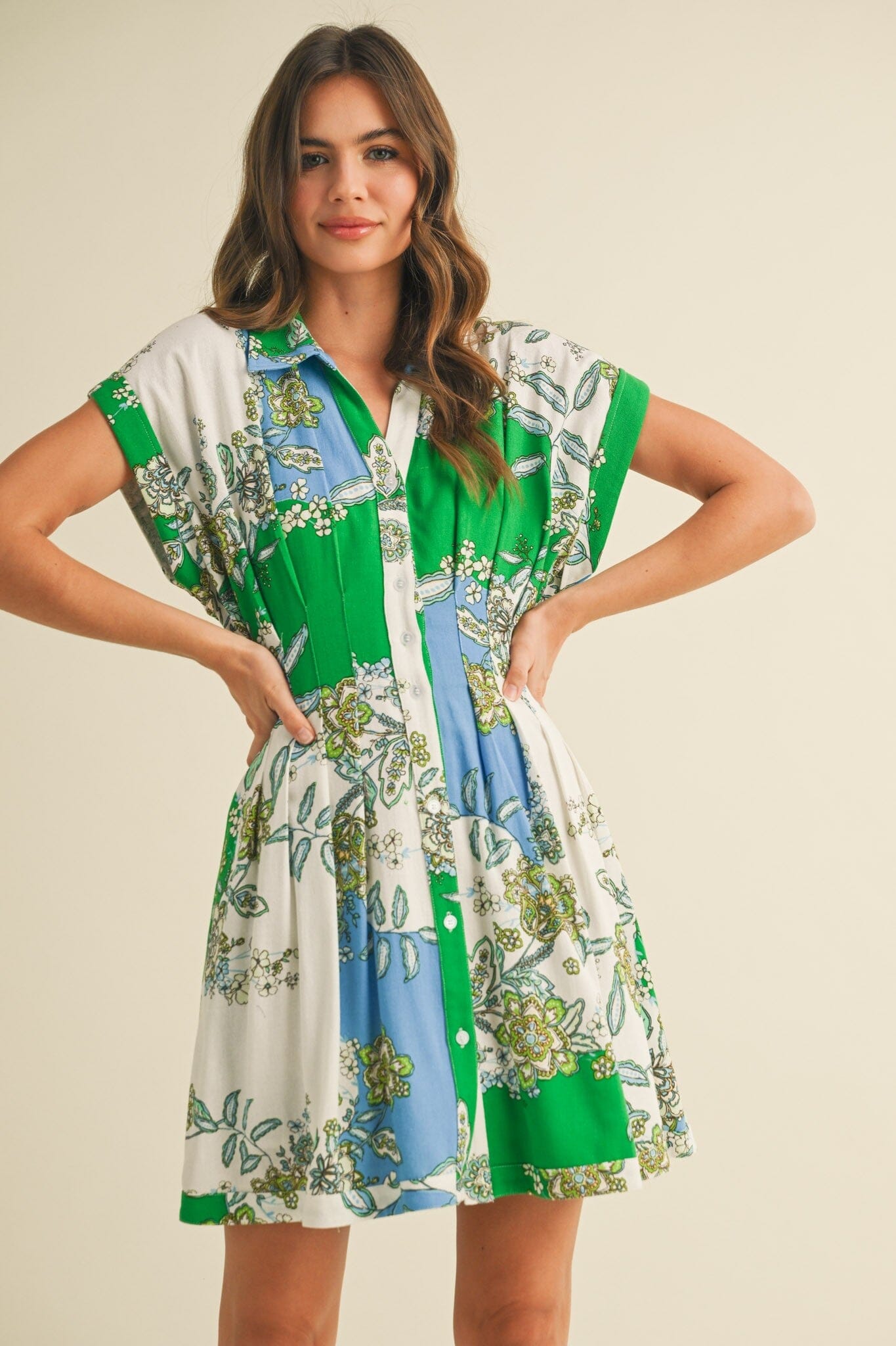 PAISLEY PLEATED WAIST BUTTON DOWN MINI DRESS &merci 