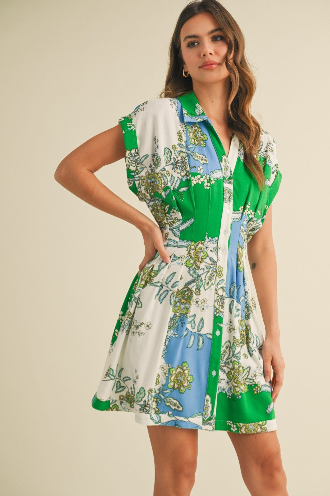 PAISLEY PLEATED WAIST BUTTON DOWN MINI DRESS &merci 