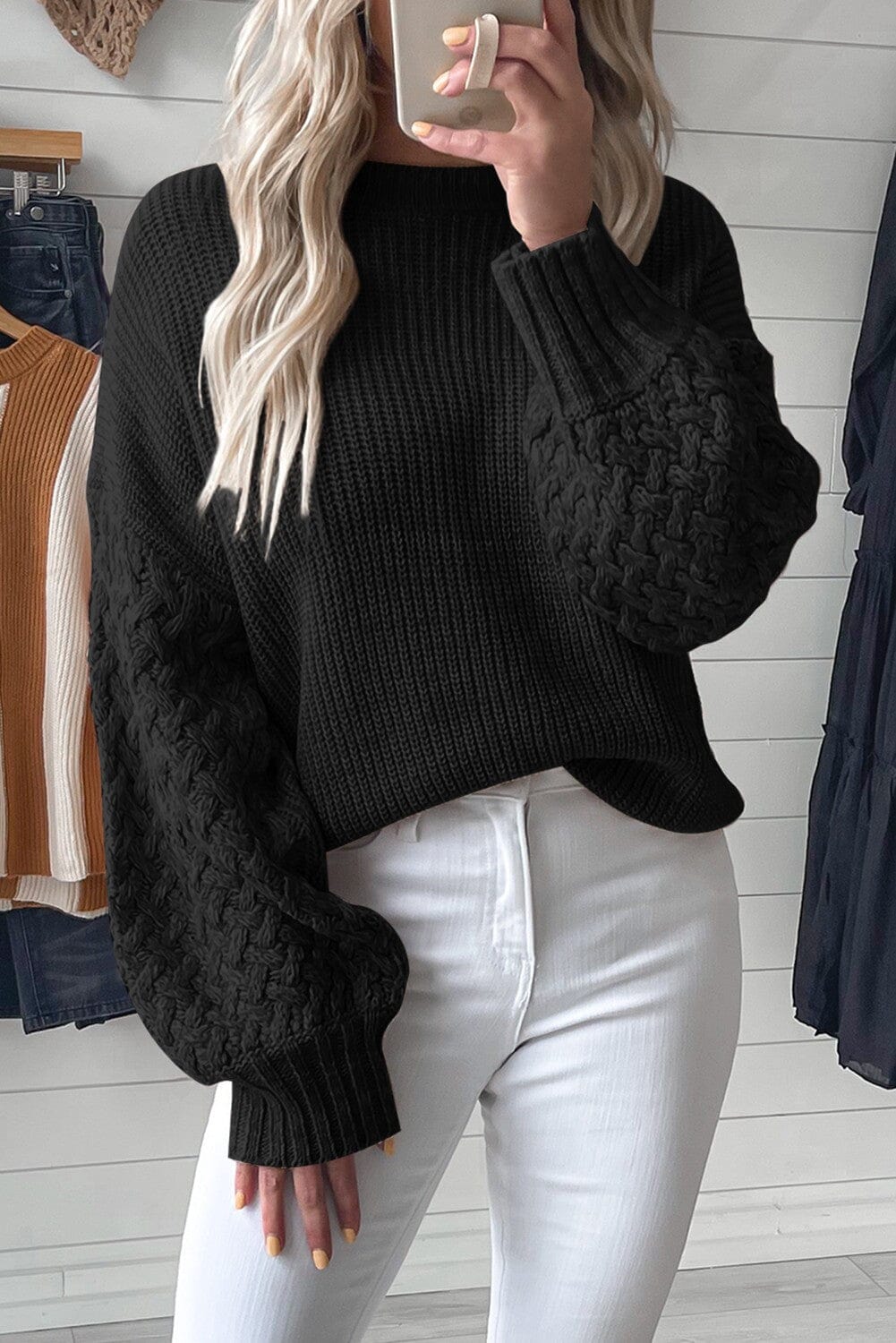 Parchment Cable Knit Sleeve Drop Shoulder Sweater Youmi 