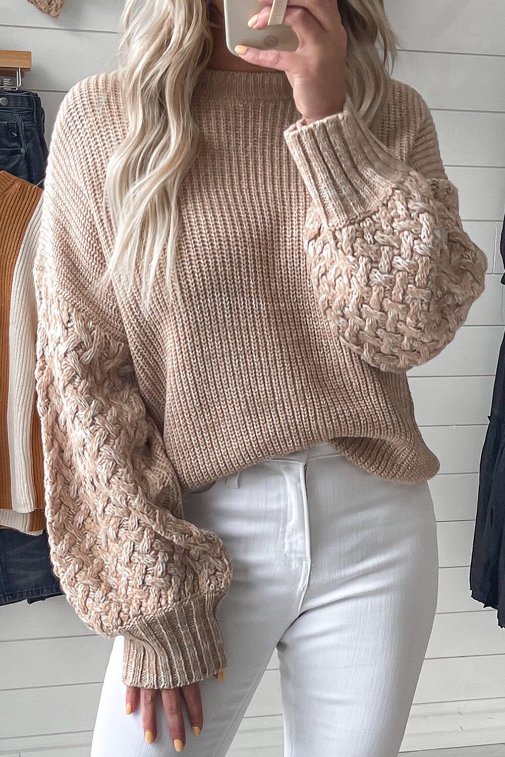 Parchment Cable Knit Sleeve Drop Shoulder Sweater Youmi 