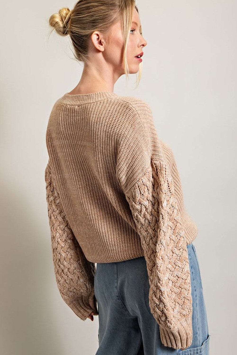 Parchment Cable Knit Sleeve Drop Shoulder Sweater Youmi 