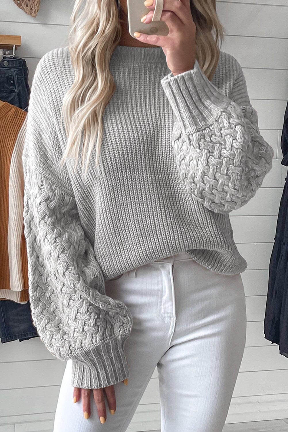 Parchment Cable Knit Sleeve Drop Shoulder Sweater Youmi 