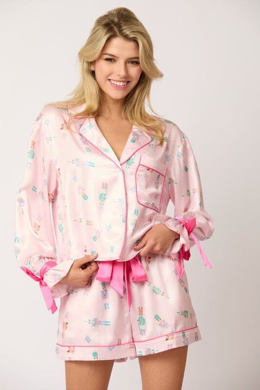 Pastel Nutcracker Satin PJs with Bow Detaiil peach love california 