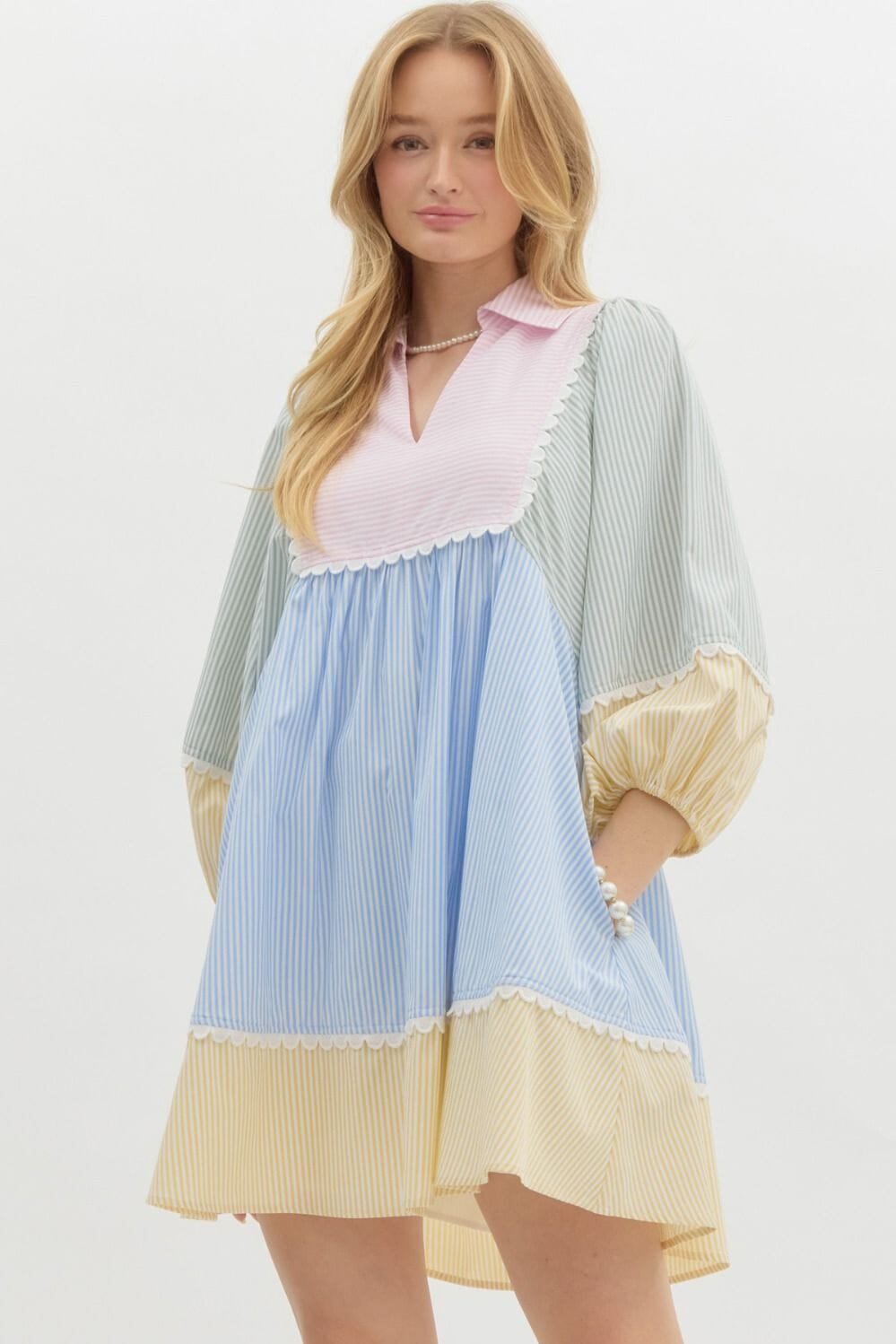 Pastel Striped Colorblock Puff Sleeve Dress Entro 