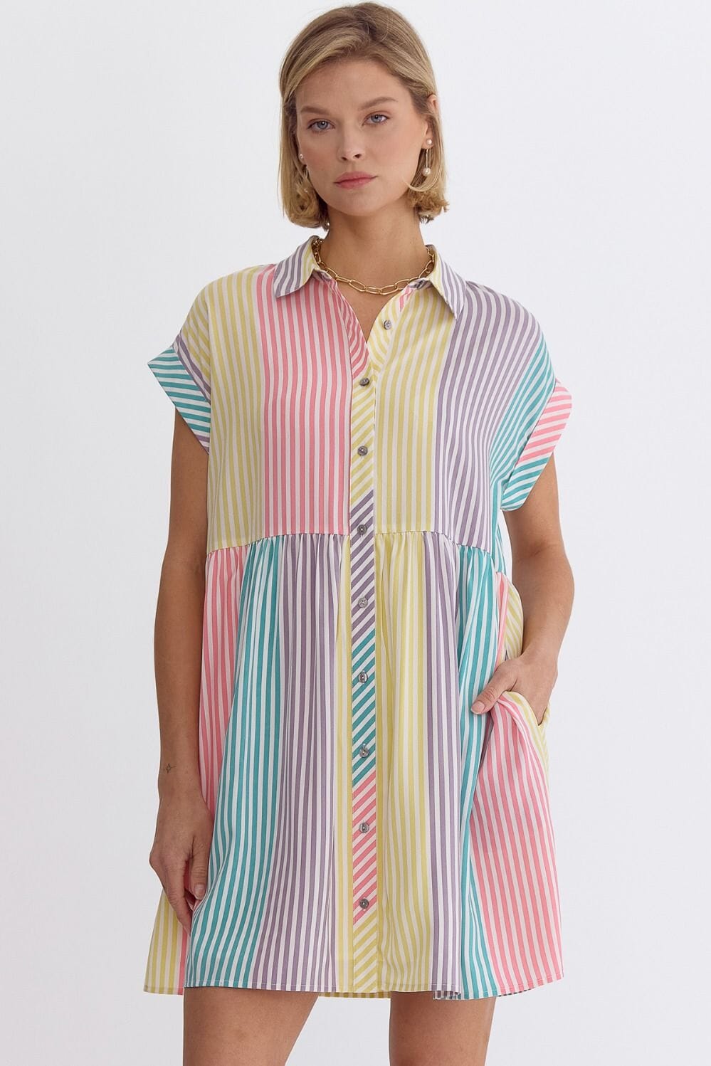 Pastel Striped Colorblock Shirt Dress entro 