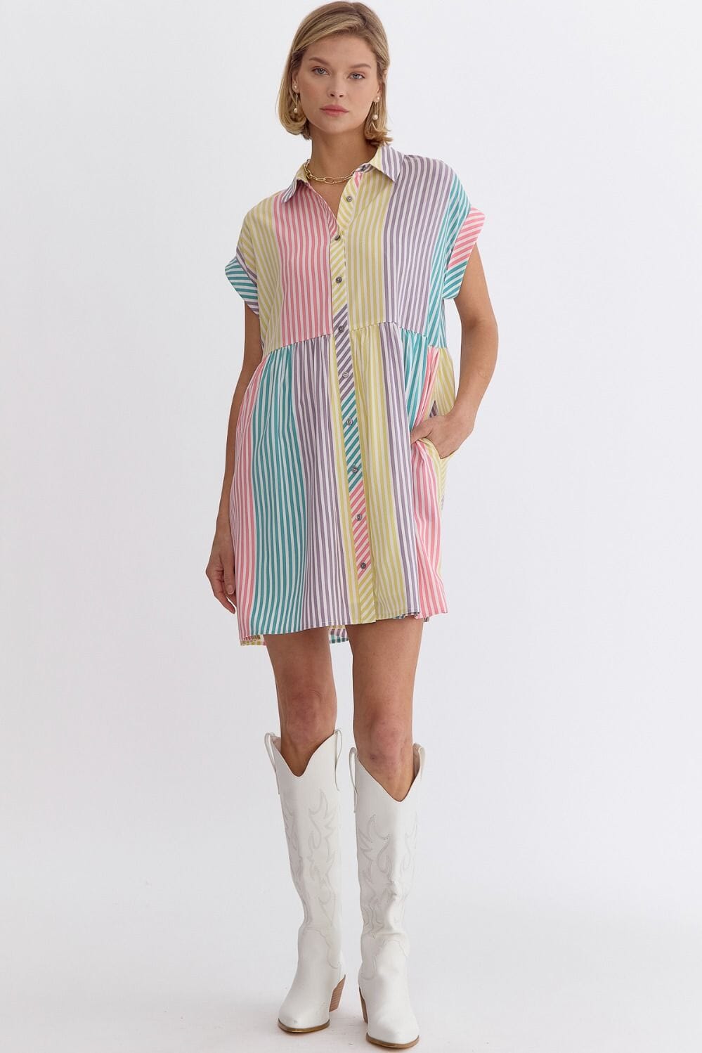 Pastel Striped Colorblock Shirt Dress entro 