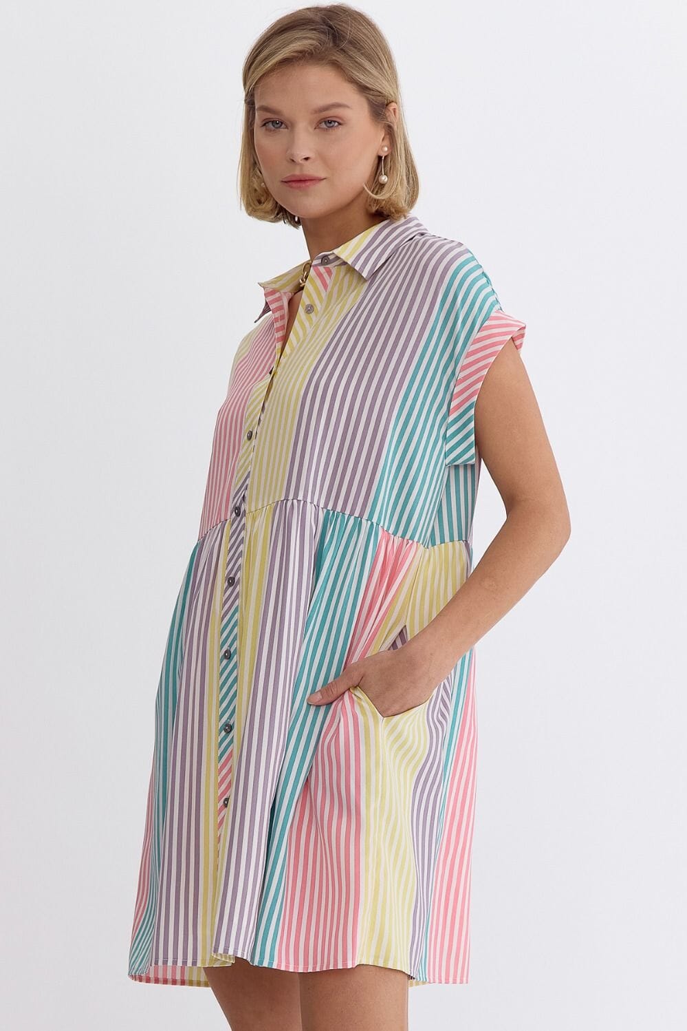 Pastel Striped Colorblock Shirt Dress entro 