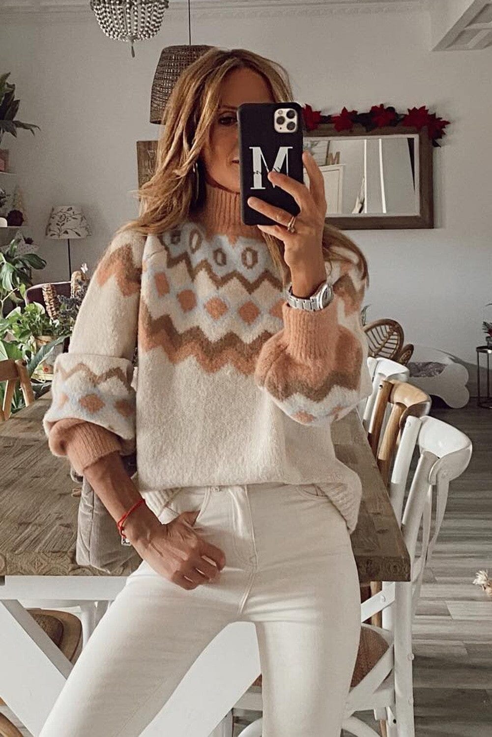 Pattern Ribbed Trim High Neck Sweater Youmi 