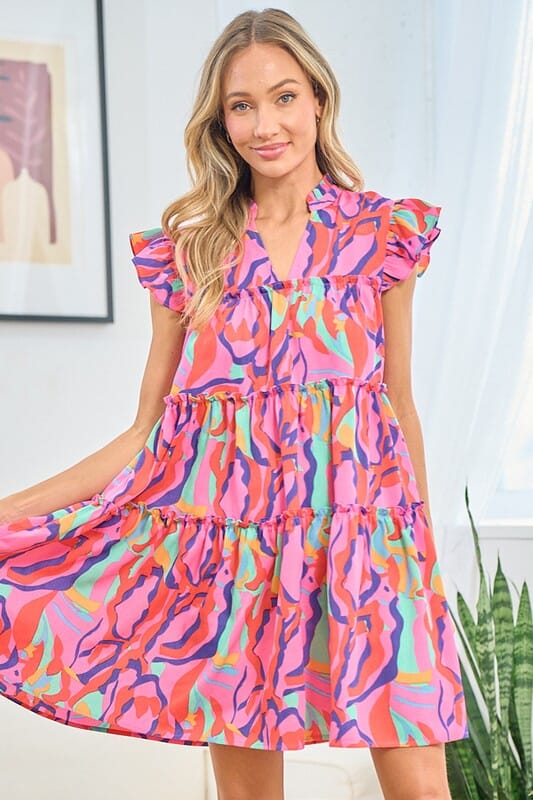Pink Abstract Tiered Dress - Ships Early May First Love 