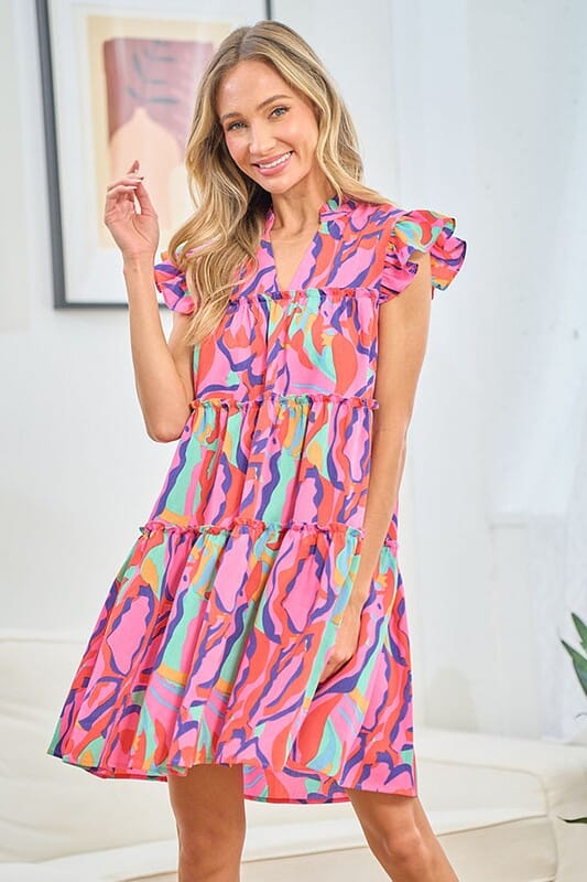 Pink Abstract Tiered Dress - Ships Early May First Love 