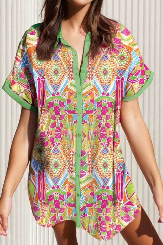 Pink and Green Geometric Print Shirt Dress Shiying 