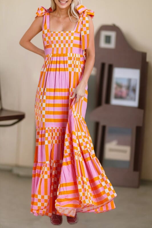 Pink and Orange Gingham Tie Shoulder Maxi Shewin 