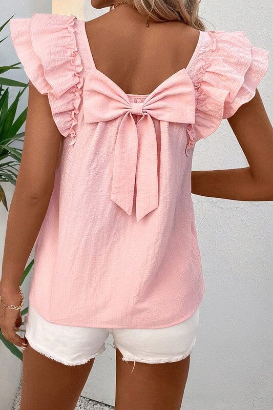 Pink Bow Back Flutter Sleeve Top Shewin 