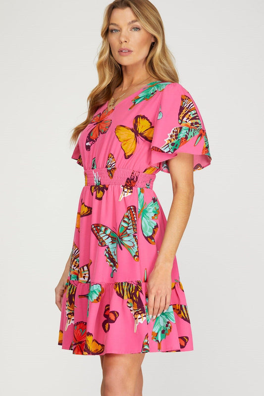 Pink Butterfly Smocked Waist Dress she + sky 