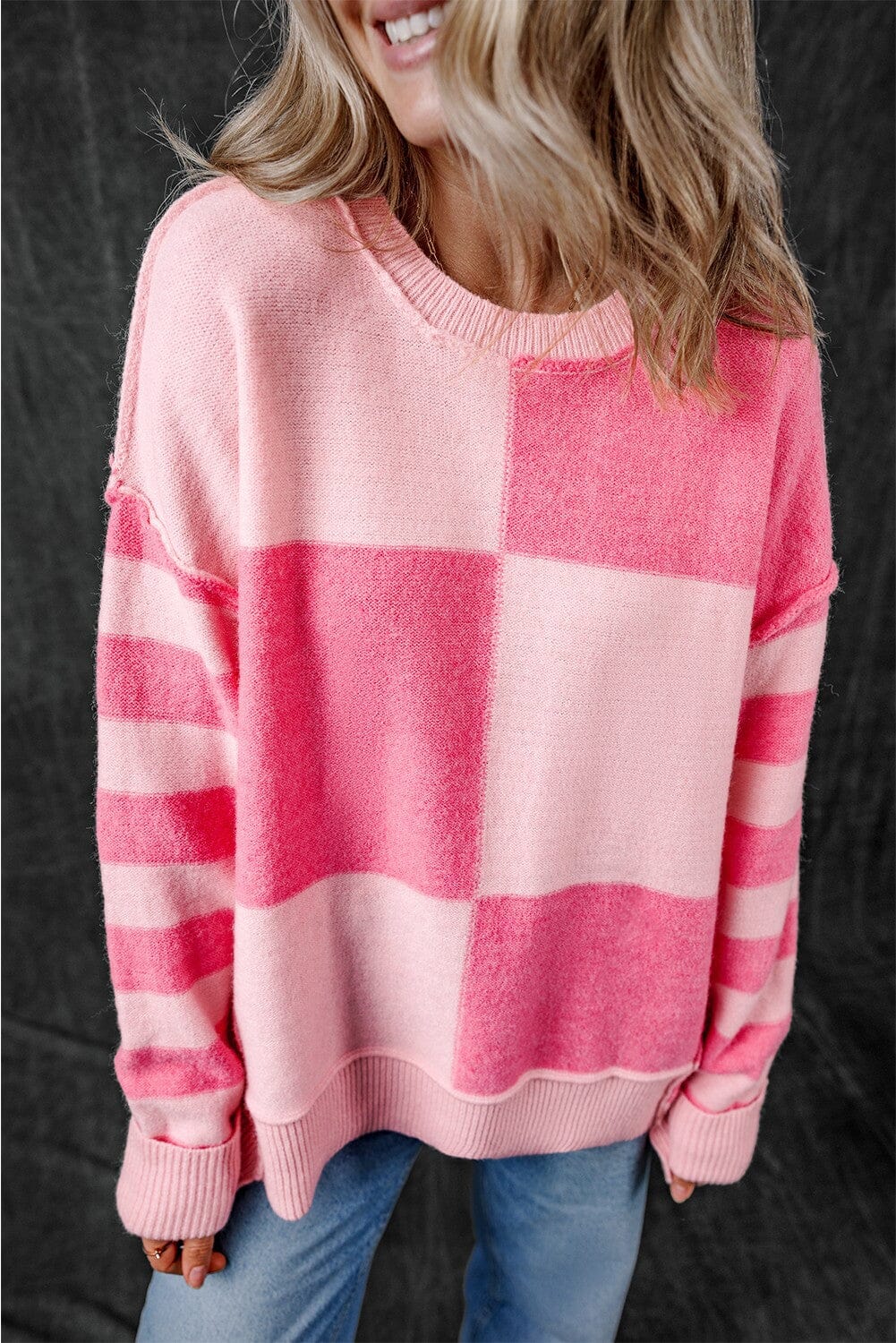 Pink Checkered Colorblock Striped Loose Fit Sweater Youmi 