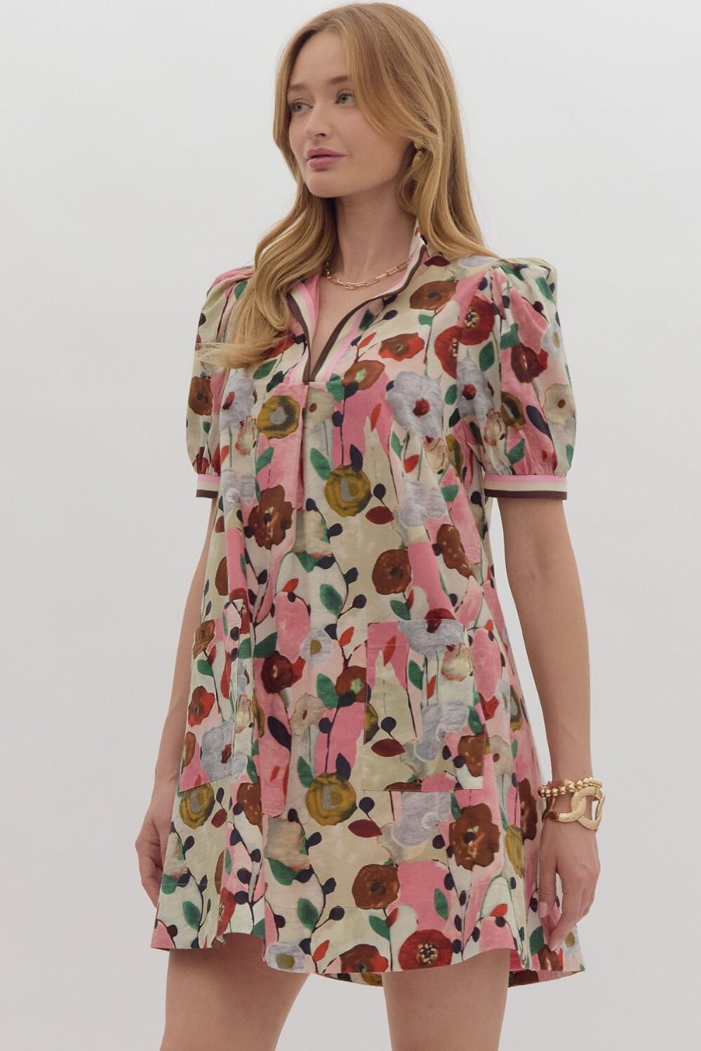 Pink Fall Floral Puff Sleeve Dress with Stripe Detai Entro 