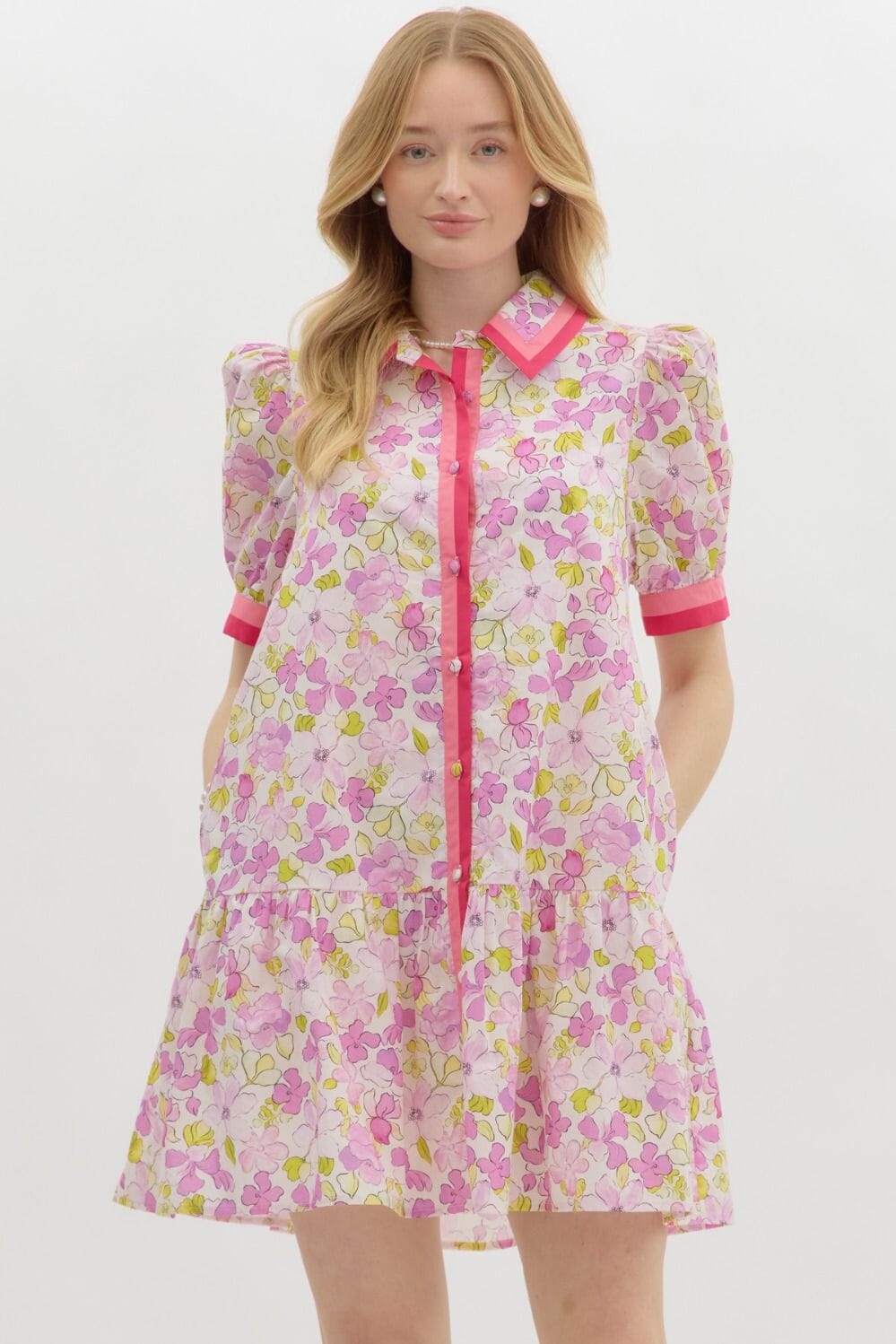 Pink Floral Dress with Contrasting Trim Entro 