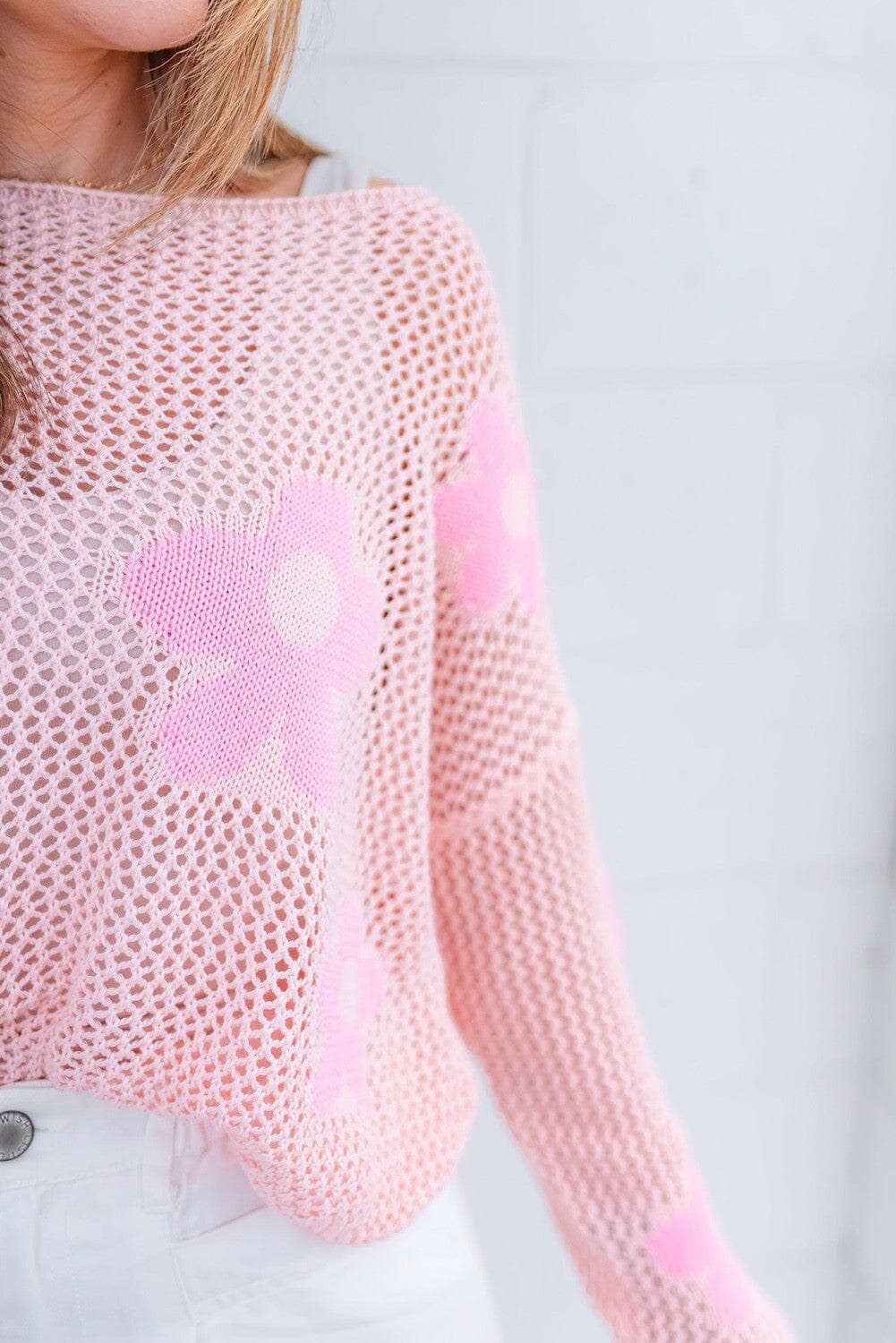 Pink Flower Hollowed Knit Drop Shoulder Sweater Youmi 