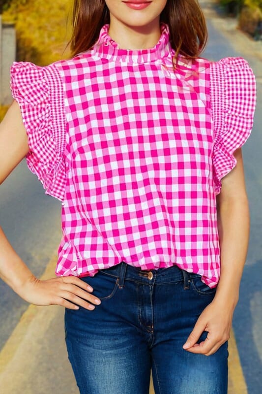 Pink Gingham Frilled Neck Top Kentce 