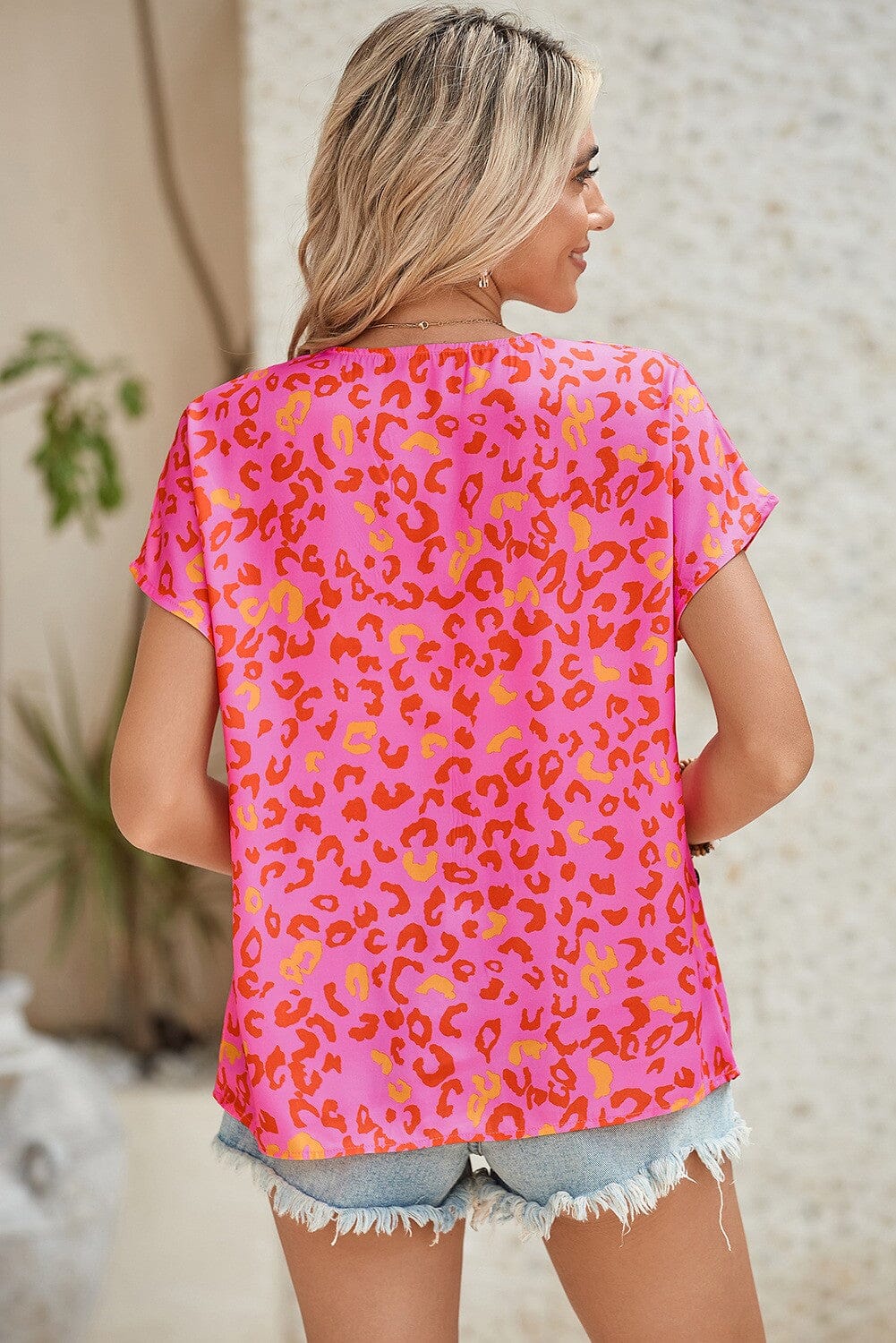 Pink Leopard V Neck Short Sleeve Blouse shewin 