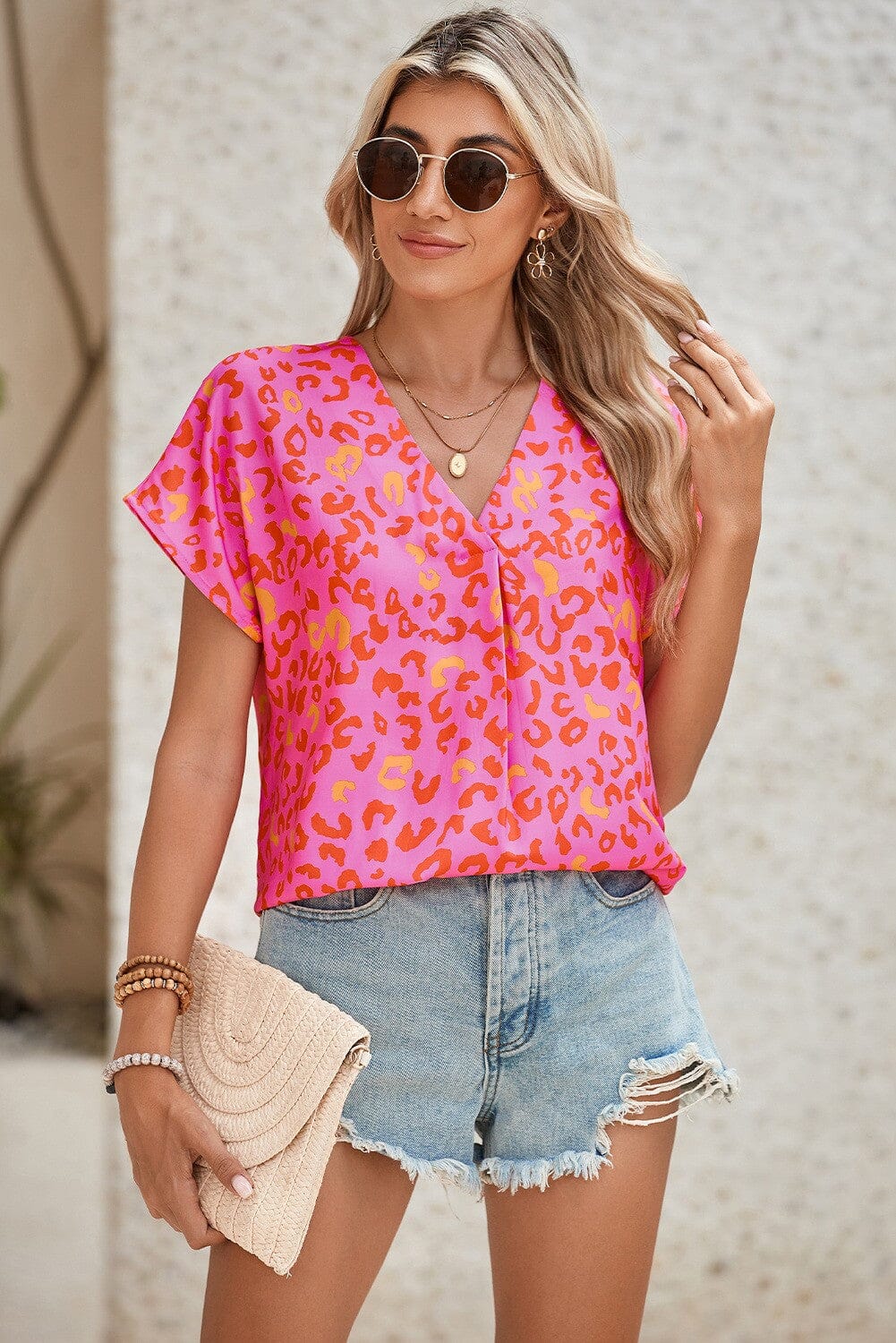 Pink Leopard V Neck Short Sleeve Blouse shewin 