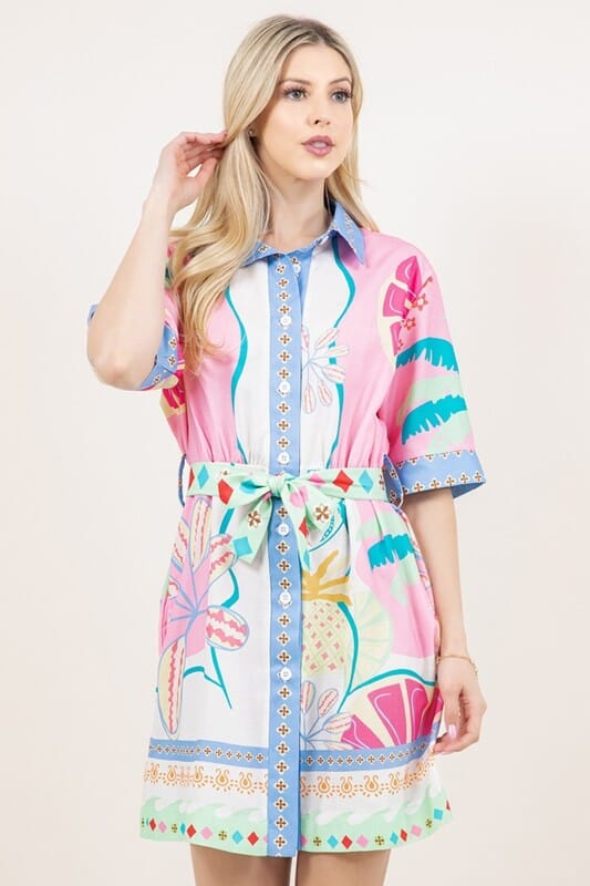 Pink Summer Printed Belted Dress Sundayup 