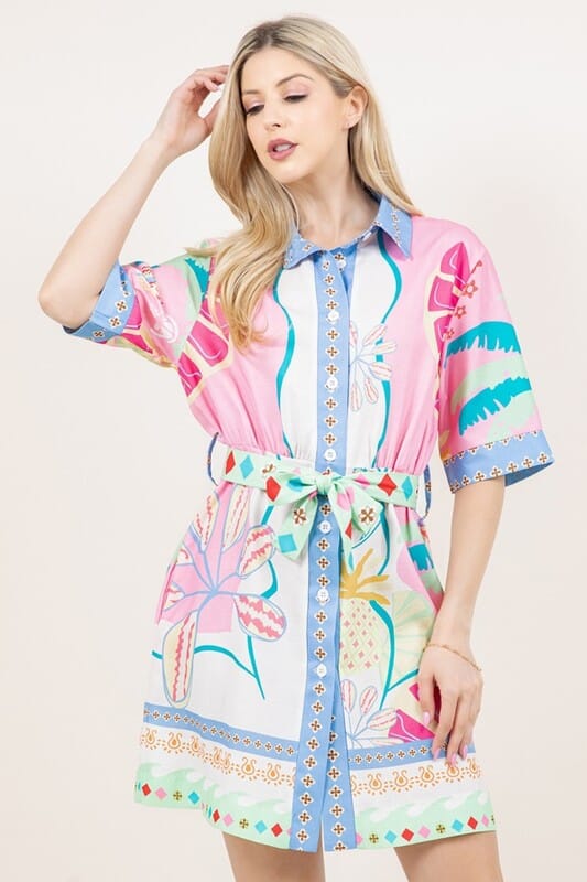 Pink Summer Printed Belted Dress Sundayup 