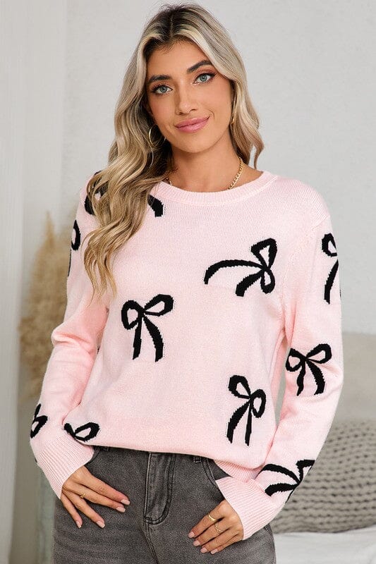 Pink Sweater with Black Bow Sweater Shewin 