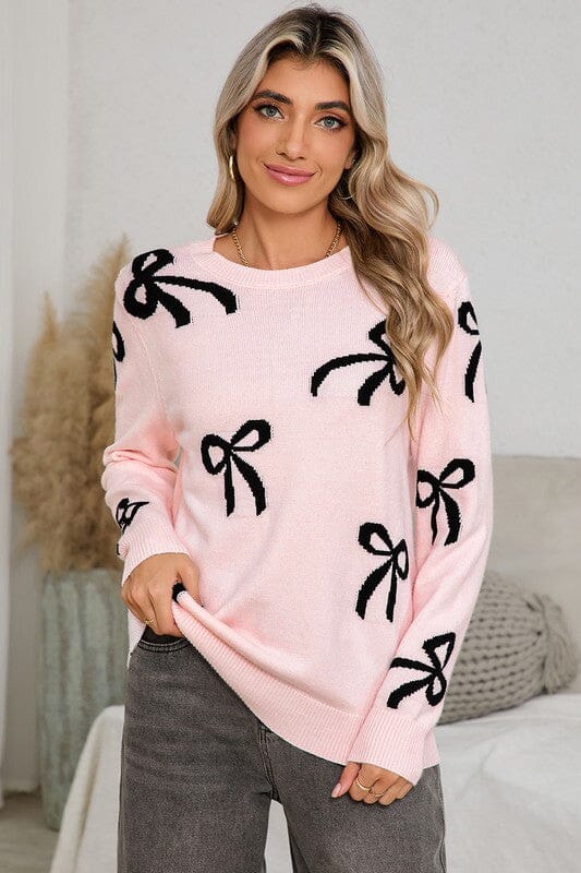 Pink Sweater with Black Bow Sweater Shewin 