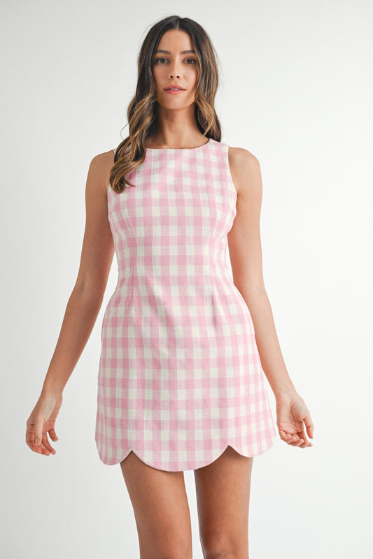 PINK TEXTURED PLAID SCALLOP HEM MINI DRESS mable 