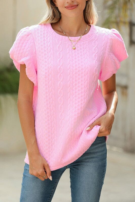 Pink Textured Puff Sleeve Top Shewin 