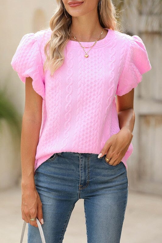 Pink Textured Puff Sleeve Top Shewin 