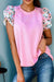 Pink Textured Top with Contrasting Floral Flutter Sleeves Kentce 