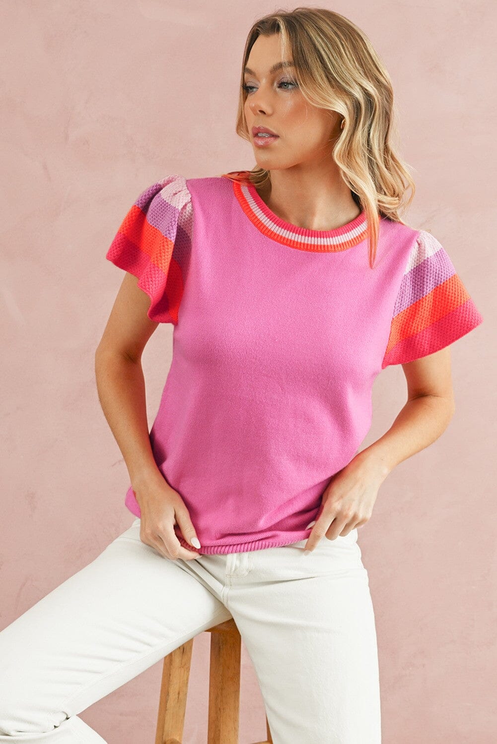 Pink/Purple Contrast Sleeve Striped Tee Shewin 