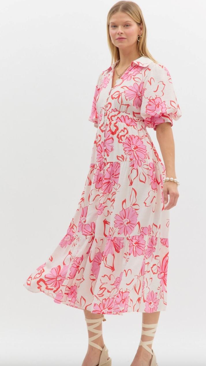 Pink/Red Floral Midi Dress entro 