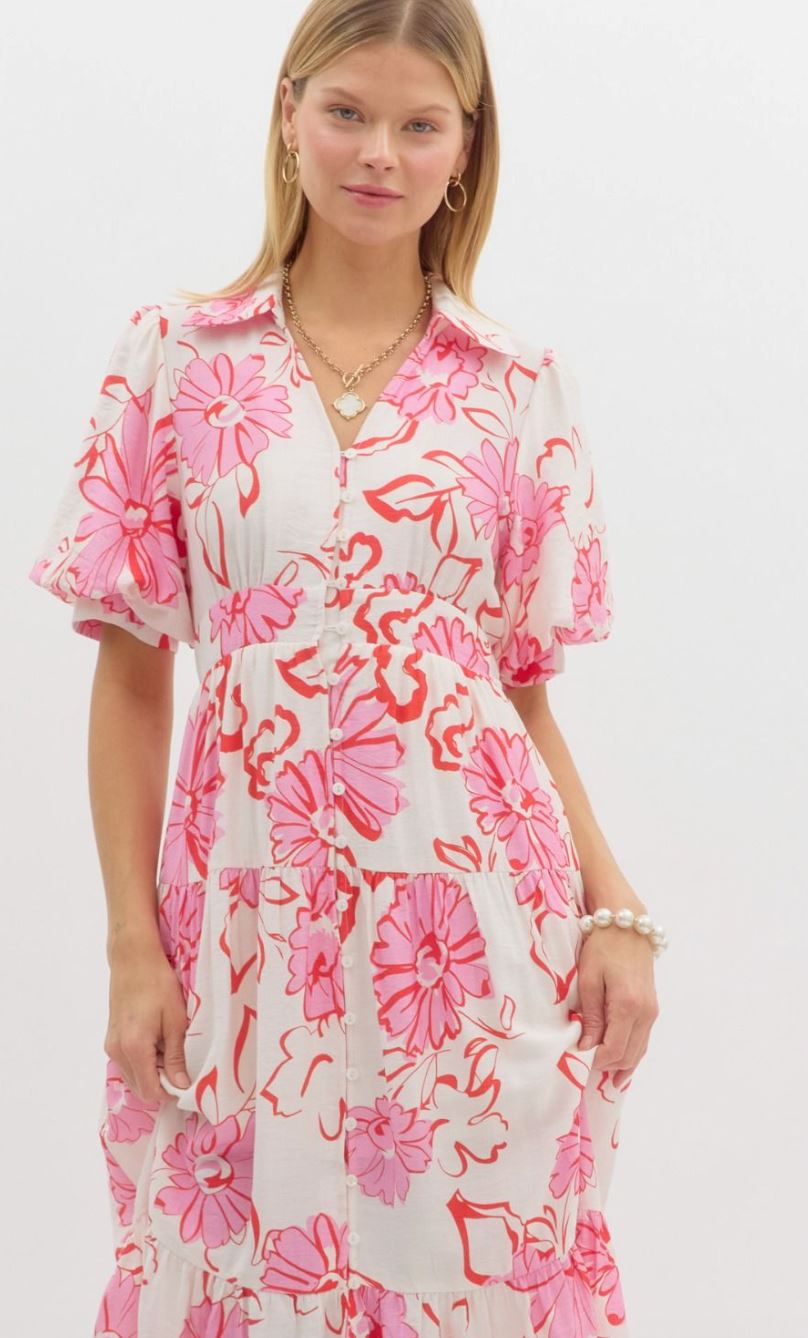 Pink/Red Floral Midi Dress entro 