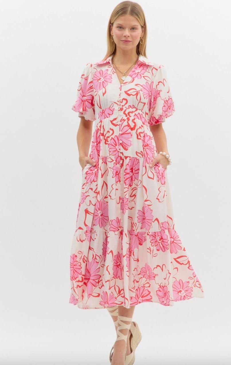 Pink/Red Floral Midi Dress entro 