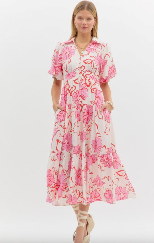 Pink/Red Floral Midi Dress entro 