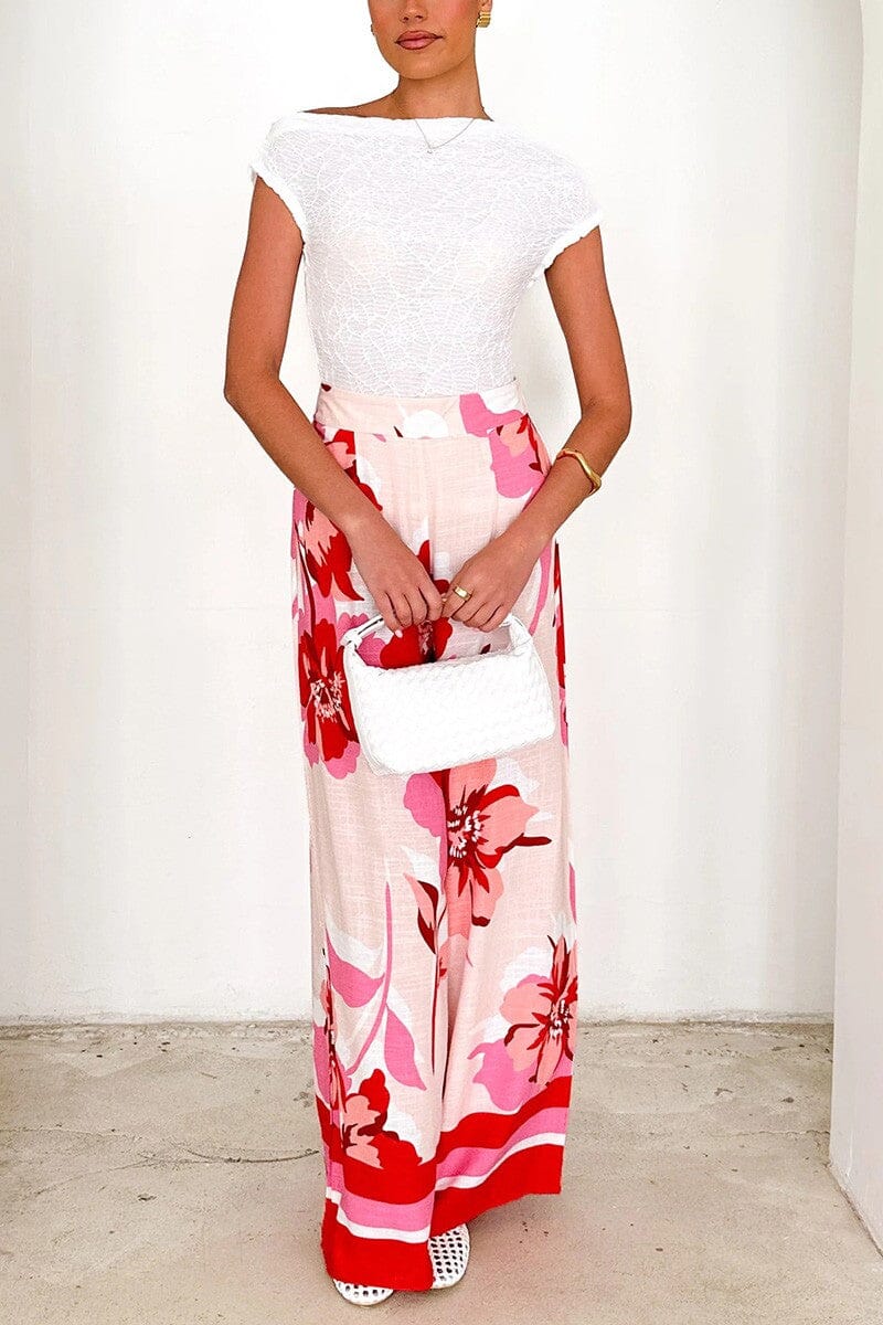 Pink/Red Floral Print Wide-Leg Pants core in fashion 