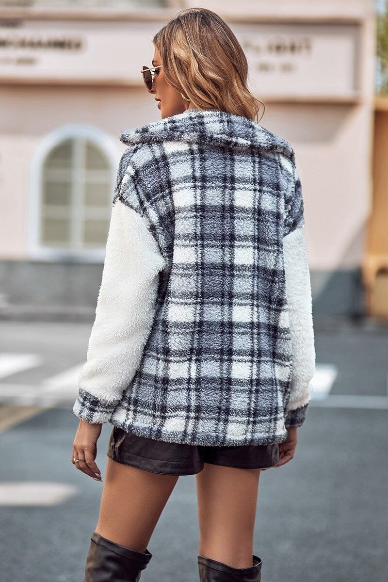 Plaid Color Block Front Open Button Fuzzy Coat supreme fashion 