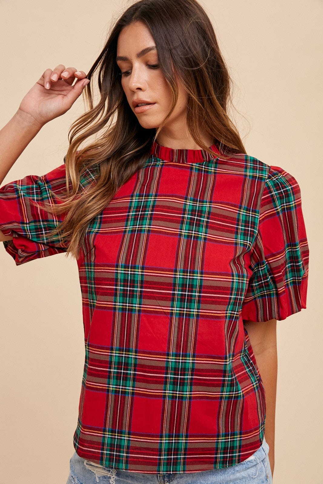 PLAID RUFFLE MOCK NECK BUBBLE SLEEVE BLOUSE annie wear 