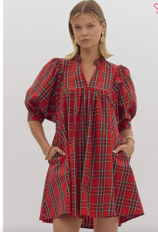Plaid V Neck Puff Sleeve Dress entro 