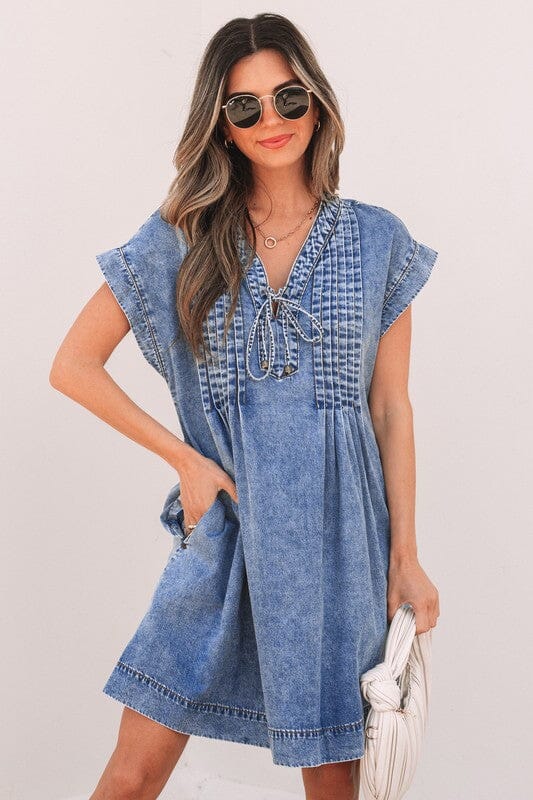 Pleated Detail Denim Dress Shewin 