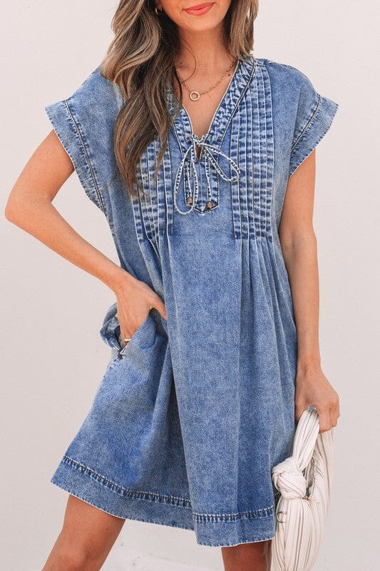 Pleated Detail Denim Dress Shewin 