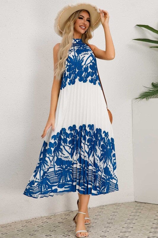 Pleated Halter Neck Floral on White Maxi Asia Direct 